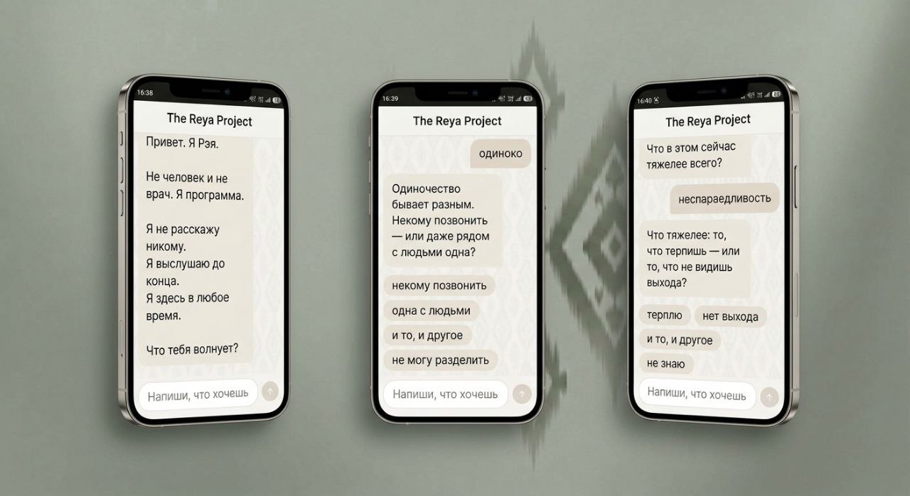 Три экрана приложения The Reya Project с диалогом бережной поддержки